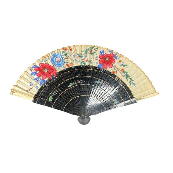 wooden hand painted- vintage fan with fabric end detailing- 17 inches extended - Picture 1 of 7